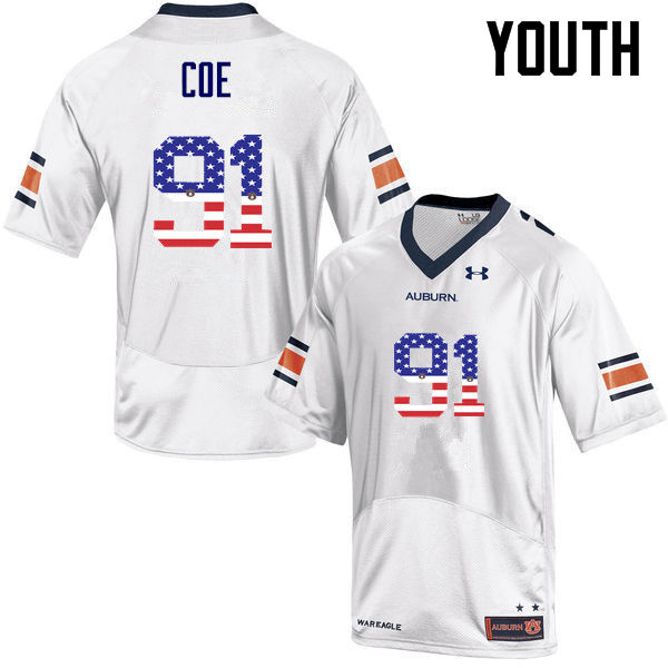 Youth #91 Nick Coe Auburn Tigers USA Flag Fashion College Football Jerseys-White